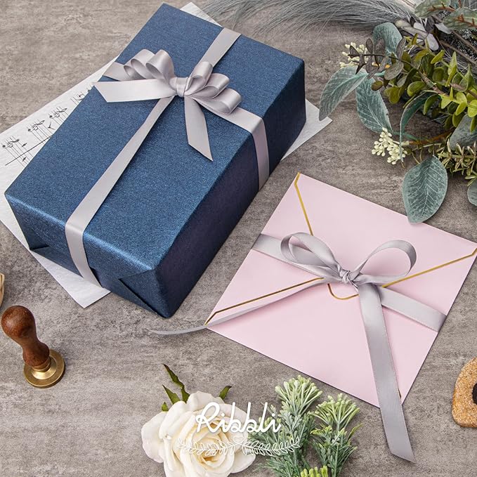 Ribbli Silver Satin Ribbon 5/8 inch x Continuous 25 Yards,Double Faced Satin Use for Craft, Gift Wrapping, Christmas Ornaments, Hair Bows, Bouquet Bows