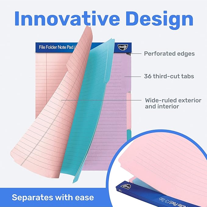 Find It File Folder Notepad - Pack of 36-9.5 x 12.5 Inch Notebook Organizer Folders for Filing, Document, and Clipboard Organization - Pastel