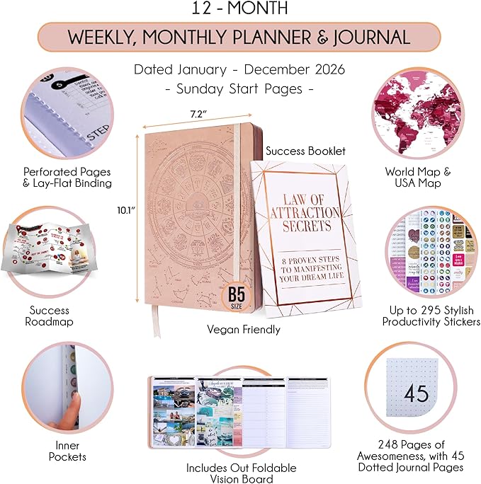 2026 Planner Weekly and Monthly | Law of Attraction Planner with Panduo App | A 12 Month Journey for Productivity, Gratitude & Goal Setting | Includes Foldable Vision Board, Gift Box & Stickers