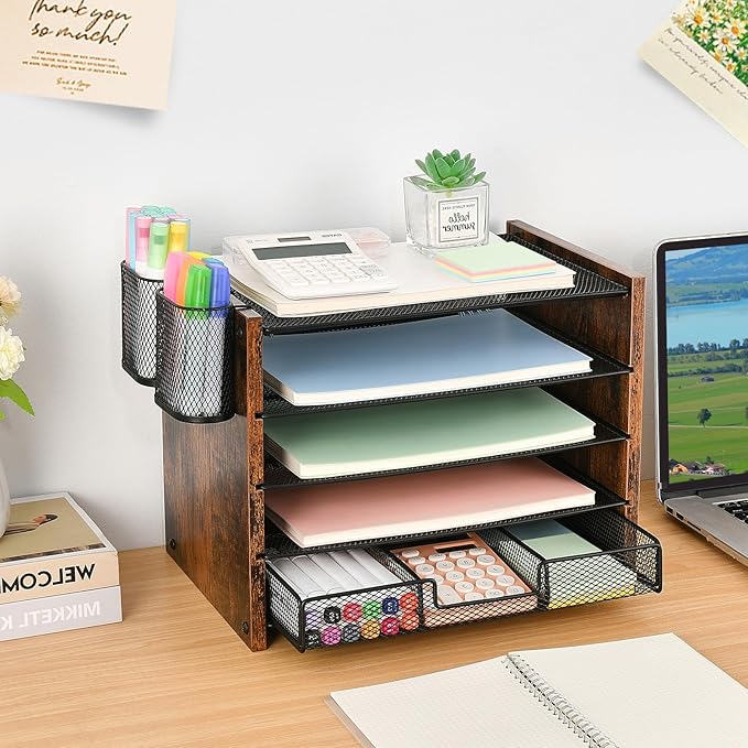 OPNCIE Desk Organizer and Accessories, 5-Tier Paper Letter Tray File Organizer with Drawer & 2 Pen Holder, Office Desk Accessories Workspace Desktop Organizer for Office Supplies(Brown)