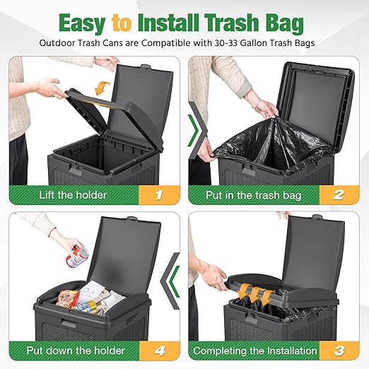 Flamaker 30 Gallon Trash Can, Resin Outdoor Garbage Can with Lid, Waterproof Hideaway Patio Waste Bins for Outside Use (2 Pack, Gray)