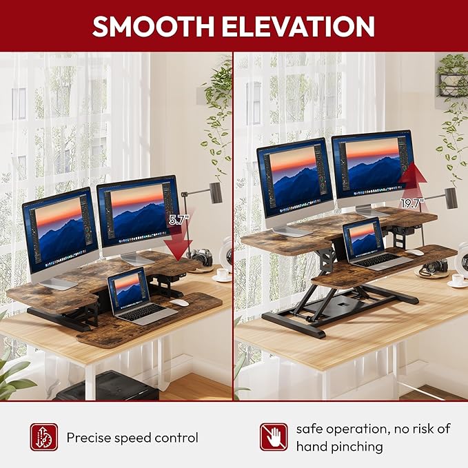 SANODESK Standing Desk Converter with Electric Motor 42" Height Adjustable Riser for Office Home,Dual Monitor and Laptop Workstation with Large Keyboard Tray,Rustic Color