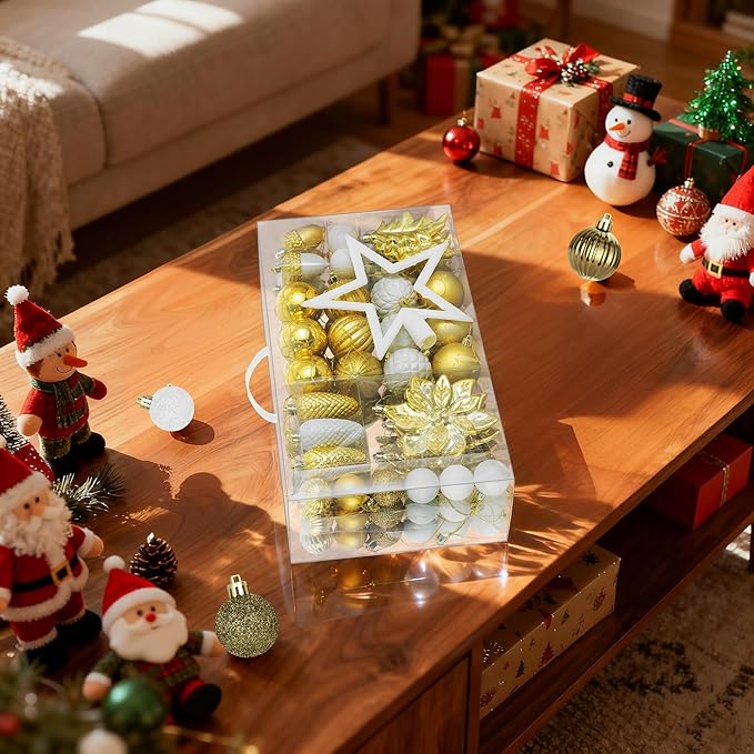 LARAINE Christmas Balls Ornaments 106 Pcs Decorations for Christmas Tree, Shatterproof Hanging Ball Variety Gift Set of Holiday Party Wedding Decoration (Gold&White)