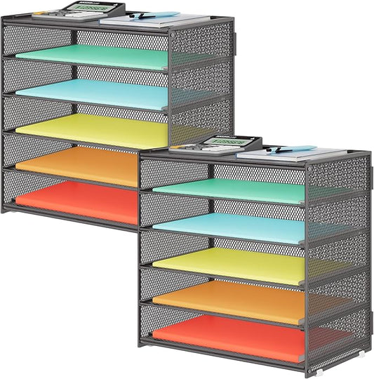 2 Pack 6 Tier Paper Organizer, Metal Mesh Desk File Folder, Letter Tray Organizer, Paper Sorter Desk Organizers for Office, Home or School File Folder Holder - Gray
