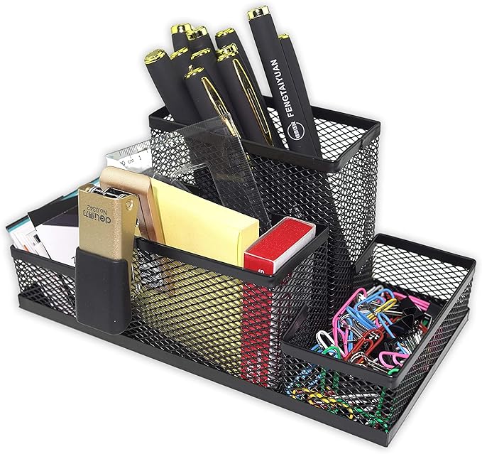 Fengtaiyuan T02 Black-Plus, Big Black Metal Wire Mesh Pencil Holder, Desktop Organizer