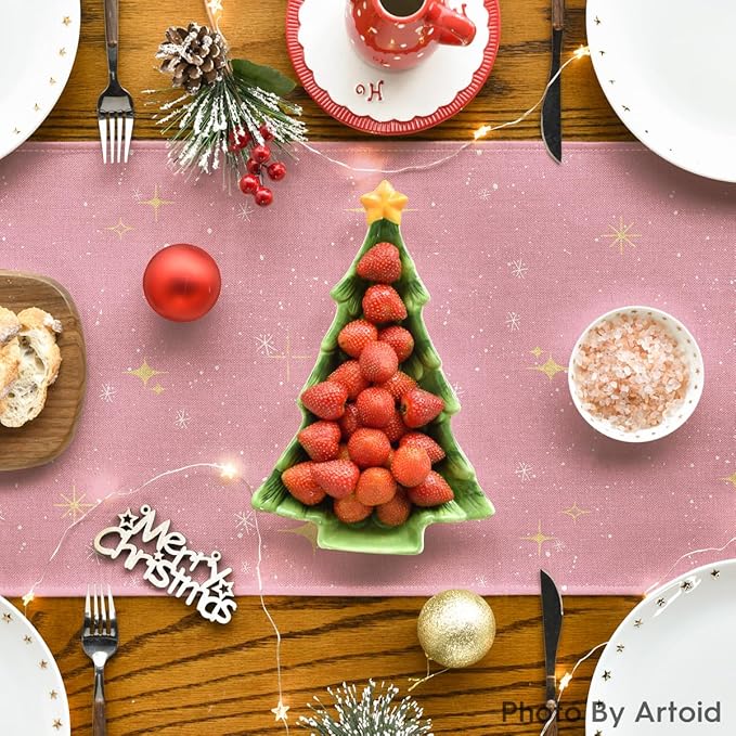 Artoid Mode Xmas Trees Merry Christmas Table Runner, Seasonal Winter Pink Kitchen Dining Table Decoration for Home Party Decor 13x72 Inch