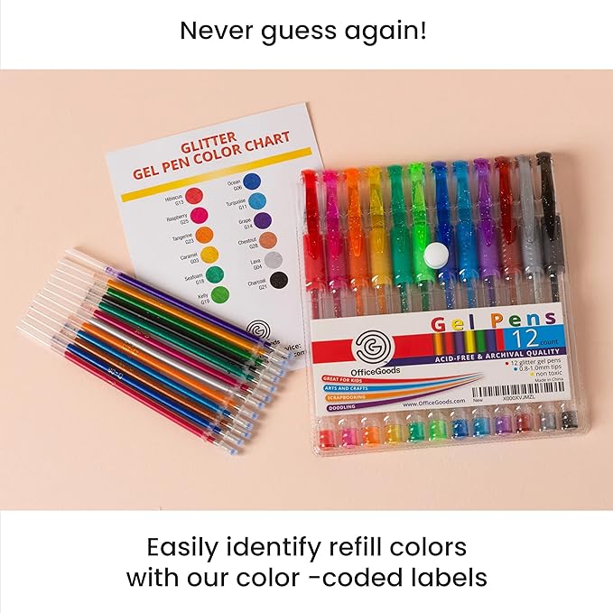 OfficeGoods Blue Gel Pens with Refills – Colored Adults Coloring Art – Medium 0.8-1.0mm Tips – Non-Toxic Gel Pens Set – Quick Dry Smudge-Free 24 Pack Colors