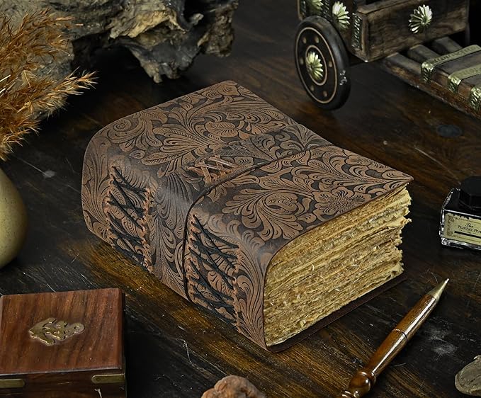 400 Page Leather Journal - Antique Handmade Deckle Edge Vintage Paper Leather Bound Journal - Book of Shadows Journal - Leather Sketchbook - Drawing Journal - Great Gift 7X5 Lock Brown