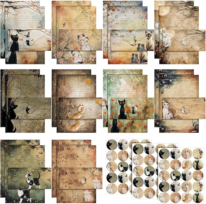 TaoBary 160 Pcs Stationery Paper Set 50 Double Sided Stationery Papers with 50 Matching Envelopes and 60 Round Dot Sticker, 10 Design(Kitten,8.5 x 11 Inch)