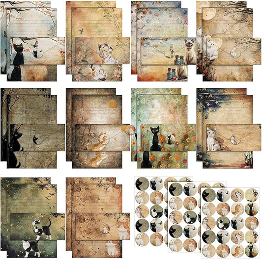 TaoBary 160 Pcs Stationery Paper Set 50 Double Sided Stationery Papers with 50 Matching Envelopes and 60 Round Dot Sticker, 10 Design(Kitten,8.5 x 11 Inch)