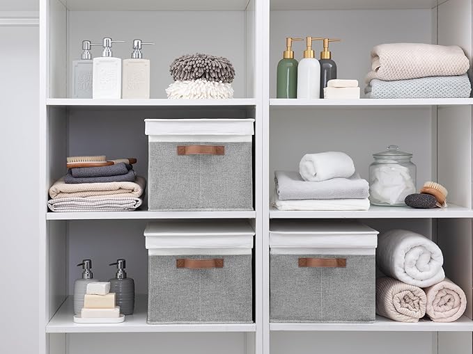 StorageWorks Storage Bins with Lids, Decorative Storage Boxes with Lid and PU Handles, Foldable Storage Baskets for Closet, Shelves, Stackable, Grey and White, Jumbo, 3-Pack