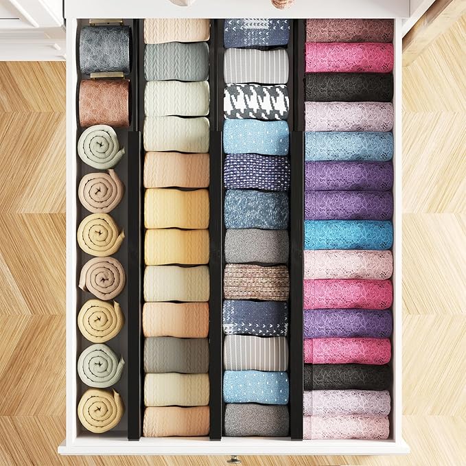 SpaceAid Bamboo Dresser Drawer Dividers 6 Pack, 4.65“ High Adjustable 17“-22” Drawer Organizers, Expandable Organization for Clothing, Clothes, Dressers, Black