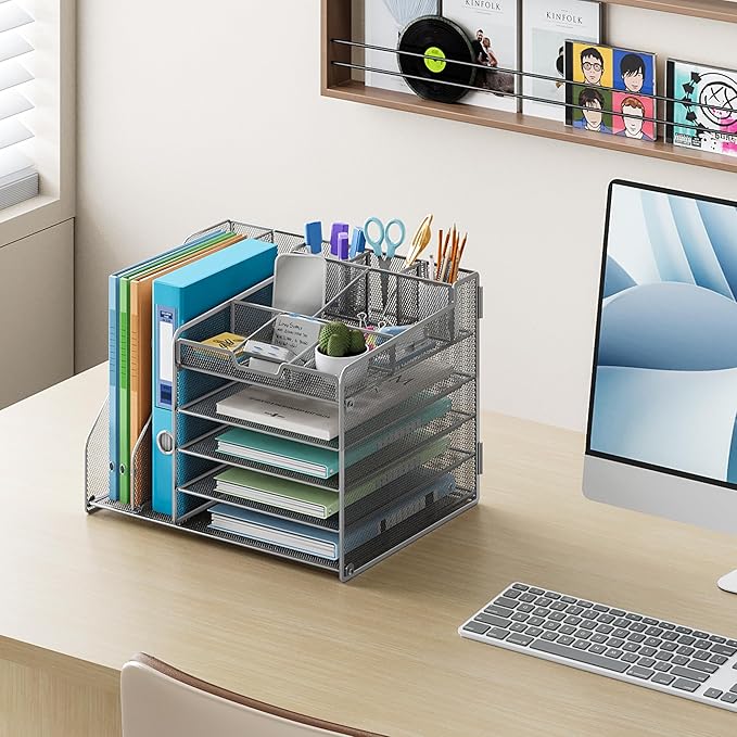 Lavatino 5-Tier Metal Mesh Desk Organizer with 2 File Holders & 7 Customizable Compartments | Paper Letter Tray for Office or Home Desk Storage | Keep Workspace Supplies Neat & Organized, Silver