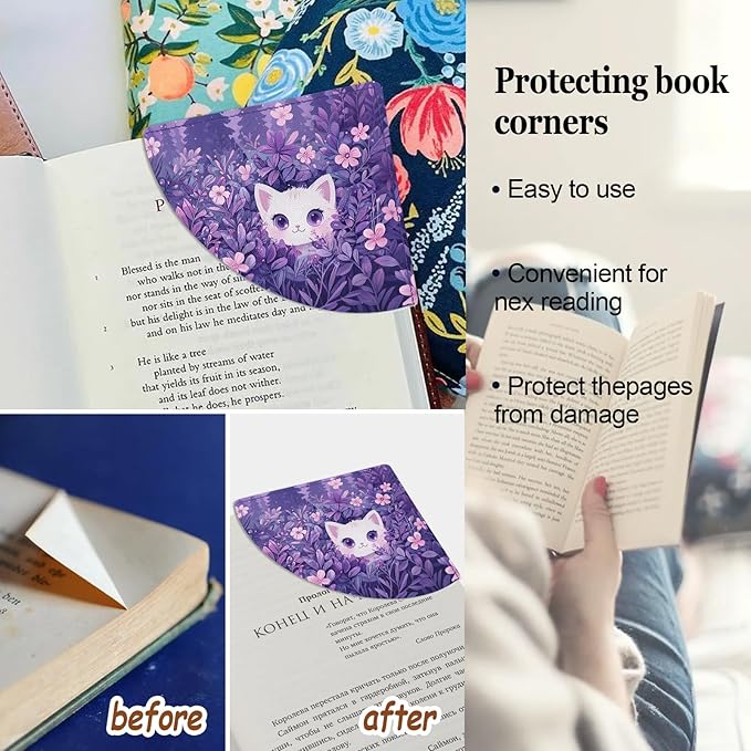 Cute Black Cat Bookmarks, Funny Leather Corner Page Book Accessories for Book Lovers, 4 Pcs Floral Reading Book Page Markers for Women Student Teacher Girls Retirement Birthday Gifts