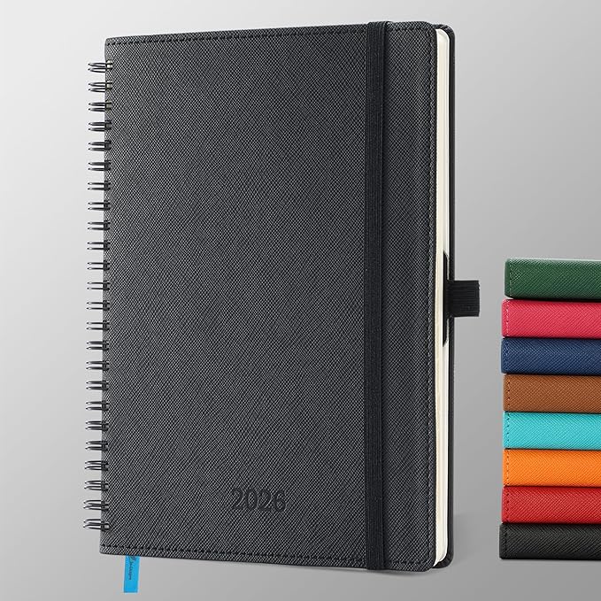 Planner 2026 Daily Weekly and Monthly,8.5"x6.5",12 Months Spiral Bound Calendar Agenda with Self-adhesive Pen Holder,2026 Appointment Book with Vegan Leather Soft Cover,Black