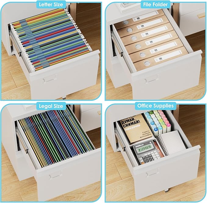 Aobabo 2 Drawer File Cabinet with Wheels, Lockable Metal Filing Cabinet with Business Card Slot for Legal/Letter Size Home Office, Required Assembled,White