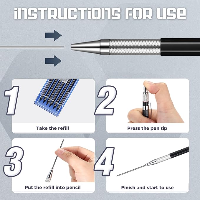 Nezyo 12 Pieces Welder Pencil with 108 Pieces Round Refills Mechanical Metal Pencil Marker with Built in Sharpener Pen for Construction Workers, Metal Work, Plumbers, Framers