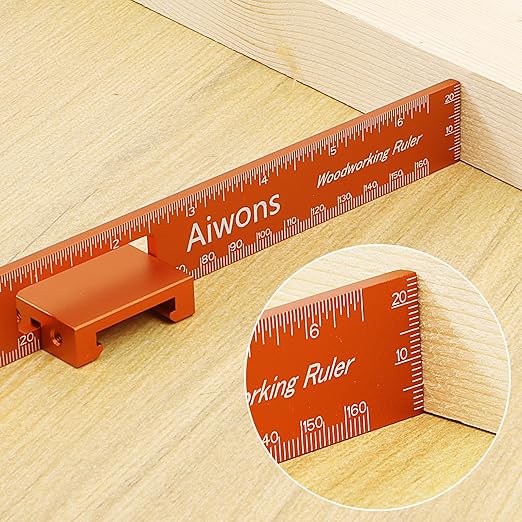Woodworking Ruler Pocket Rule -12/8/6 Inch Precision Pocket Ruler with 45°& 30°Metal Slide Stop - Wood Marking Ruler Metric Inch Measuring Scribing Rulers - Aluminum Alloy Square Ruler