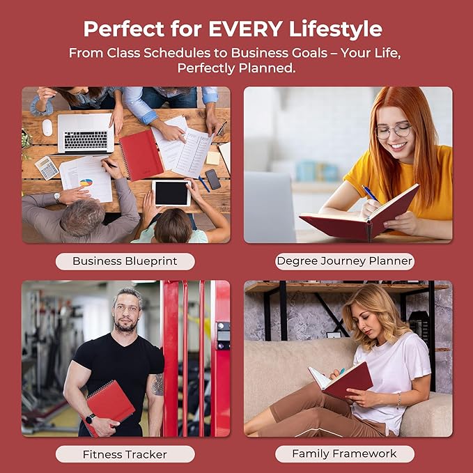 Planner 2025-2026 Daily Weekly and Monthly,11.5"x8.5",18 Months Spiral Bound Calendar Agenda with Self-adhesive Pen Holder,2026 Academic Plan with Vegan Leather Soft Cover,Red