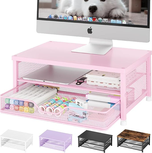 OPNICE Computer Monitor Stand Riser, Desk Organizers and Accessories with Drawer, Laptop Stand, Office Desk Accessories & Workspace Desktop Organizers Storage for Office Supplies(Pink)