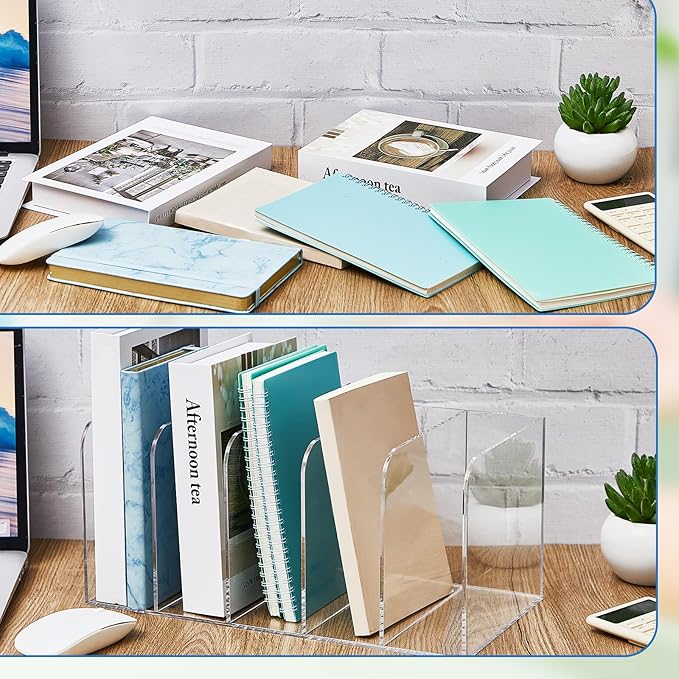 Suzile Clear Acrylic Magazine File Holder with Vertical Compartments Desk Organizer Book Rack for Desk Sorter Paper Folder Office Accessories(Clear,14.2 x 7.2 x 6.5 Inch)