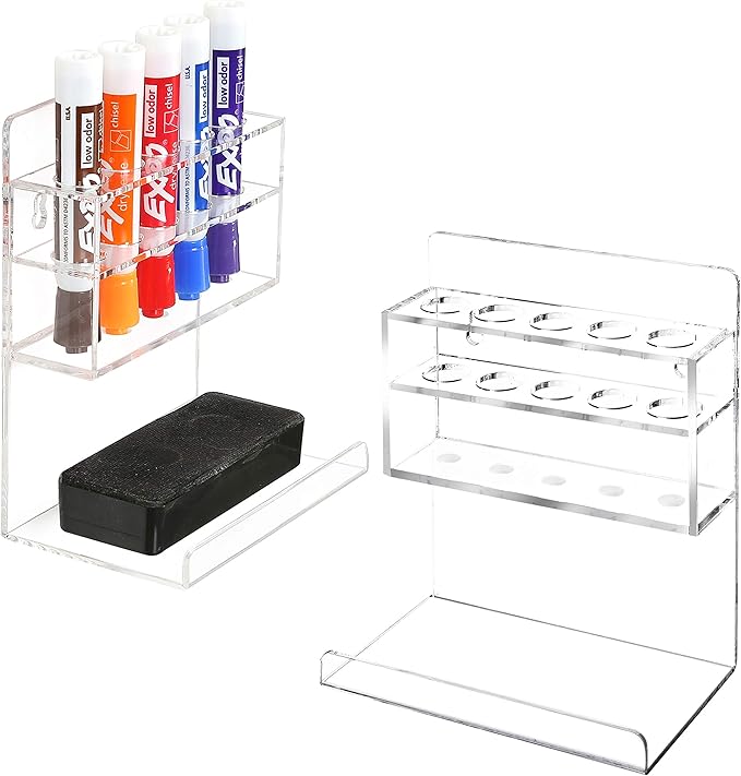 MyGift Wall Mounted Clear Acrylic Dry Erase Marker Holder Organizer for 5 Markers and Eraser, Hanging Whiteboard Accessories Rack for Office Home Dorm Classroom Meeting Room, Set of 2