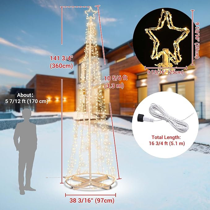 Yescom Vast-Starry 12' Giant-Sized LED Cone Tree Christmas Light with Star 1120 Solar 8 Model Lighting Outdoor Yard Shopping Mall Cafe Restaurant Store Bar Deck Event Holiday Inground Outside House