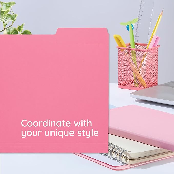 100 Blue Summit Supplies Pink File Folders, Letter Size with 1/3 Tab, Durable 11pt Paper, Pink File Folder 100 Pack, Holds Letter Size Documents