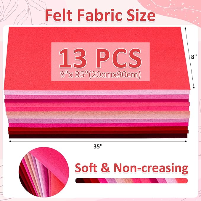 XSEINO 13 Rolls 8"x35" 1.4mm Thick Soft Felt Fabric Sheet 13 Assorted Red Series Colors Felt Pack for DIY Craft Sewing Squares Nonwoven Patchwork