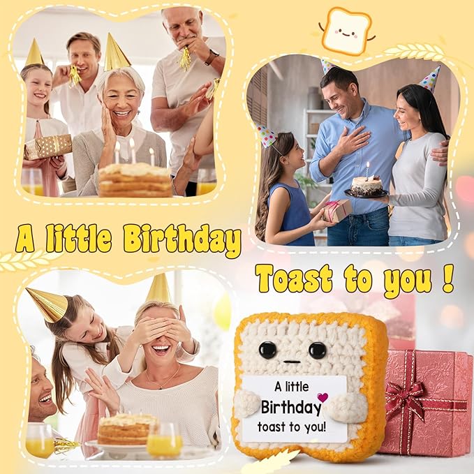 A little Birthday Toast to you - Funny Happy Birthday Gifts for Women, Men, Mom, Dad, Girls, Boys - Unique Crochet Toast Gift Card - Cute Keepsake & Desk Decor Alternative for Her, Him, Best Friend