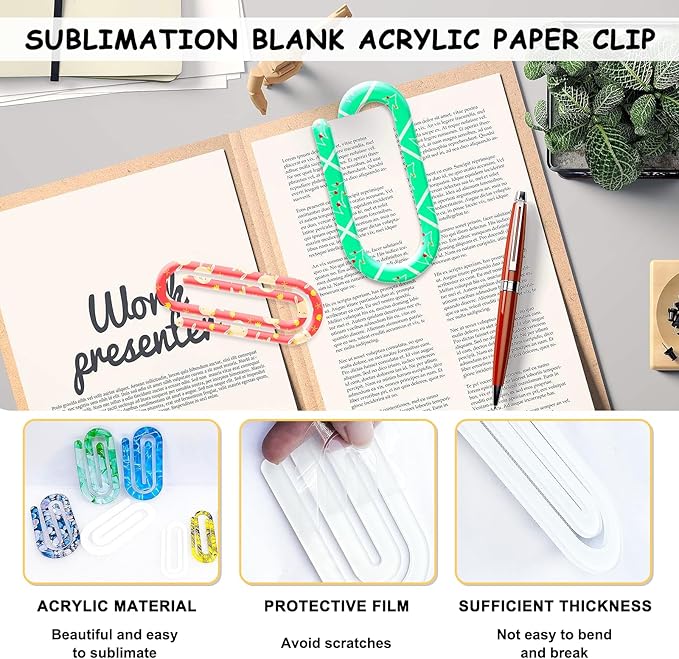 20 Pack Sublimation Blanks Acrylic Paper Clips, 4" x 2" Jumbo Paper Clips Clear for Heat Transfer DIY Design, School Classroom Stationery Office, Home Gift Crafts Supplies
