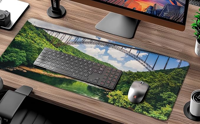 The New River Gorge Bridge Mouse Pad, Desk Mat with Seamed Edges and Non-Slip Base, Computer Mouse Mat, Keyboard Full Desk Mousepad for Gaming, Office, Home(31.5 X 11.8 Inch, 3mm Thick)