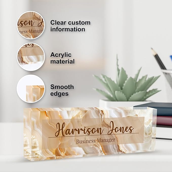 Personalized Name Plate for Desks, Custom Desk Name Plates, Acrylic Name Plate Office Desk Accessories, Personalized Office Gifts for Coworkers Teachers, Employee Appreciation Gifts (B-Gold Flowing)
