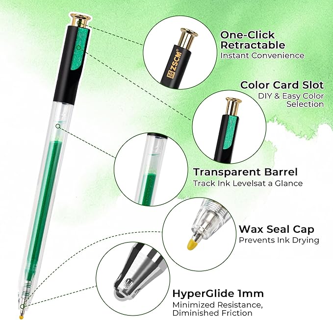 Retractable Glitter Gel Pens, 12 Colors Large Capacity Green Glitter Metallic Gel Ink Pen, 1 mm Fine Point Smooth Writing Color Pens for Adult Coloring Book Note Taking Aesthetic Art Supplies