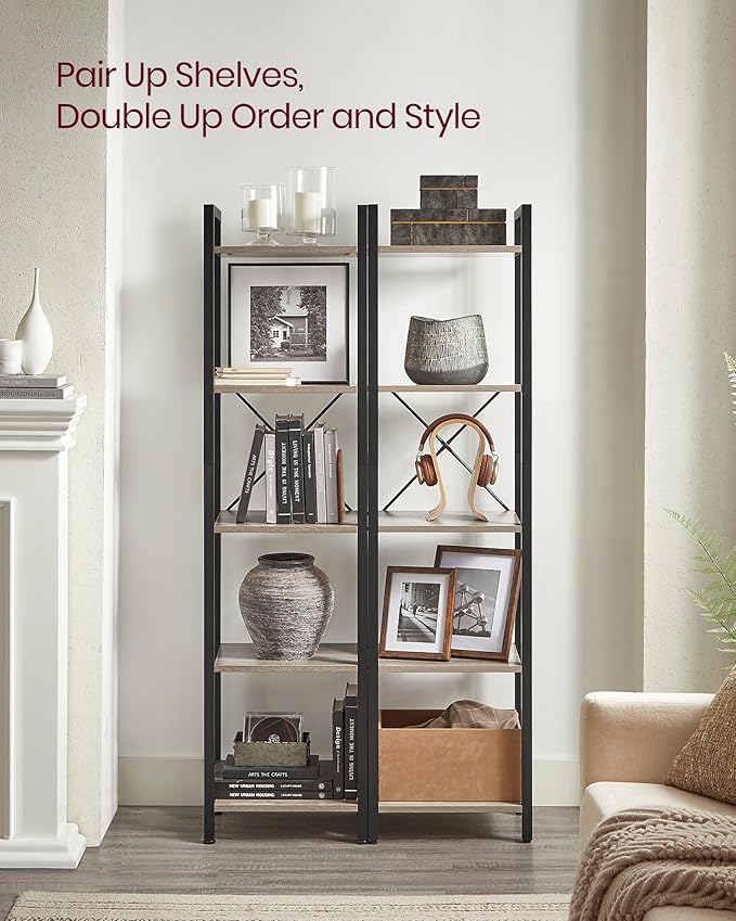 VASAGLE 5-Tier Bookshelf, Bookcase with Steel Frame, Book Shelf for Living Room, Home Office, Study, 11.8 x 15.7 x 60.2 Inches, Industrial Style, Heather Greige and Ink Black ULLS100B02