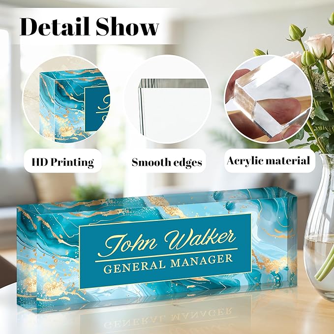 Ship Next Day Personalized Name Plate for Desk, Custom Acrylic Desk Name Sign, Office Appreciation Gifts for Women Men Coworkers Boss Teacher Employee (Blue Marble)