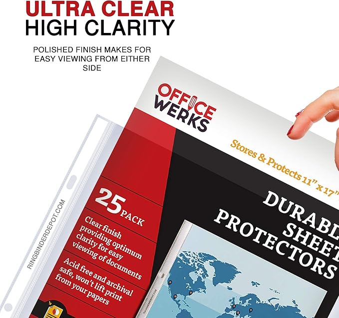 Office Werks 11x17 Sheet Protectors with 90 Microns Thick, Portrait View, Top Loading, Store or Display Paper, Photographs, Prints, and Documents, 25 Pack