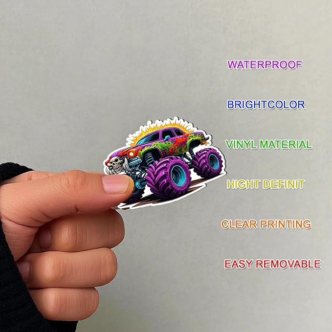 100 PCS Monster Truck Stickers Pack, Car Colorful Vinyl Waterproof Off Road Truck Decals for Kids Teens Adults Boys Girls, Gift for Laptop Water Bottle Helmet Scrapbook