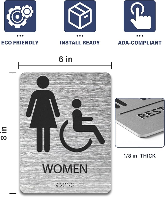 ADA-Mark Modern Restroom Sign for Business - 2PK ADA Compliant Braille Bathroom Sign with Easy Installation - 6" W x 8" H