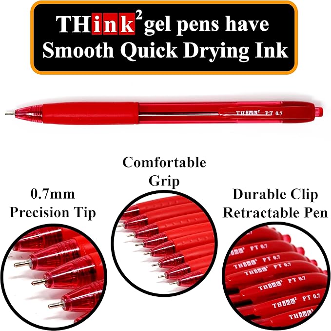THINK2MASTER [24 Pens - Red Ink Think2 0.7mm Precision Tip Gel Pens. (24 Red) Fine Point Small Rollerball Pens with Smooth Quick Drying Ink.
