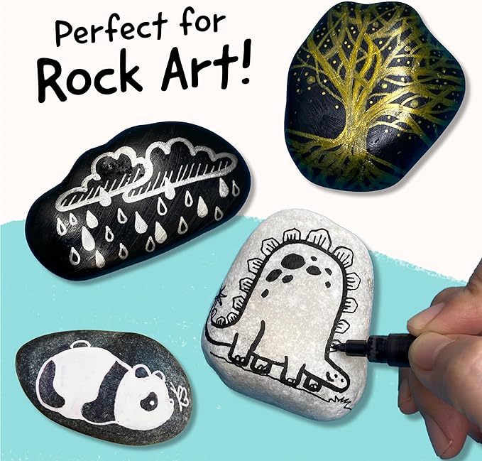 4 Dual Tip Acrylic Paint Pens - Fine Tip & Medium, Permanent & Waterproof - Acrylic Paint Markers for Rock Painting, Canvas, Wood, Ceramic, Glass, Fabric, Metal - White, Black, Gold & Silver