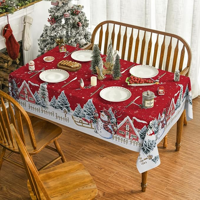 Horaldaily Christmas Tablecloth 60×104 Inch, Winter Snowman House Christmas Trees Red Washable Table Cover for Party Picnic Dinner Decor