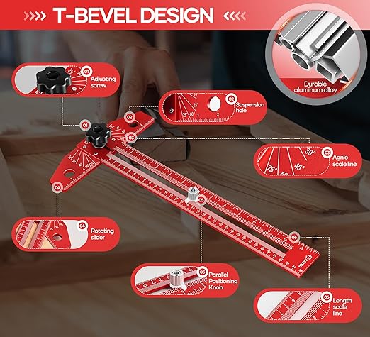Saker Woodworking Scriber Marking Line Ruler, Adjustable Aluminum Alloy Sliding T-Square Ruler,Precision Line Drawing aid Ruler with Angle Adjustment Scale