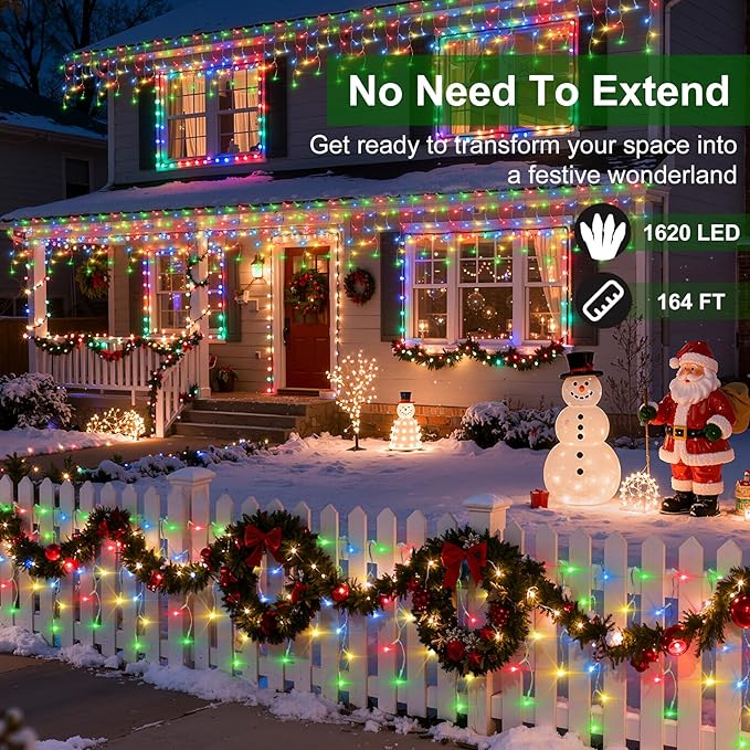 1620 LED Christmas Lights with 360Drops, 164ft 12 Modes Multicolor Outdoor String Lights with Timer Dimmable, Waterproof Hanging Twinkle Lights for Indoor Holiday Wedding Party Eaves Christmas Decor
