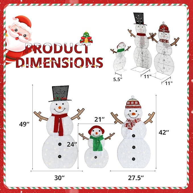 Lighted Snowman Family Outdoor Christmas Decoration, 48"| 42"| 24" H Pre-lit Snowman Lights Ornament, 2D Indoor Holiday Decor, 130 Warm White LEDs, for Yard, Lawn, Garden, Set of 3