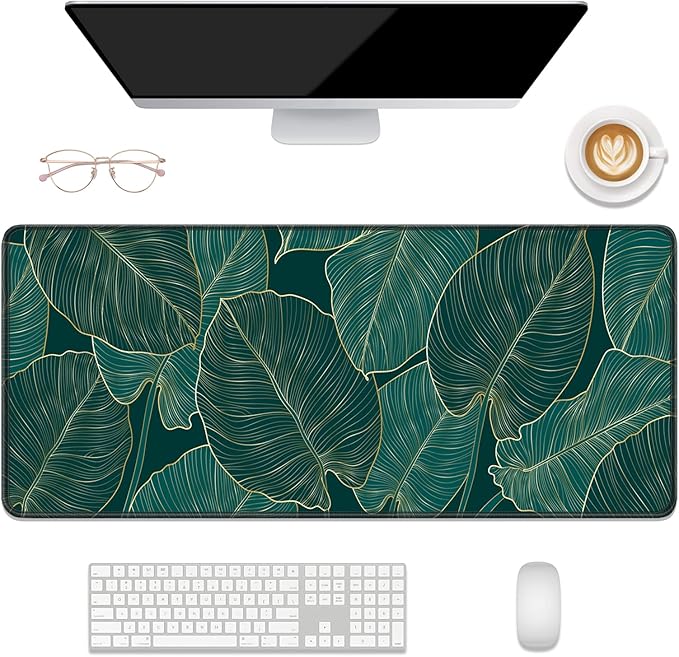 Desk Mat, 32" x 12" XXL Extended Large Gaming Mouse Pad, Desktop Decor Desk Pad, Cute Men Women Office Supplies and Accessories, XL Mouse Mat for Laptop & Keyboard, Teal Tropical Leaves