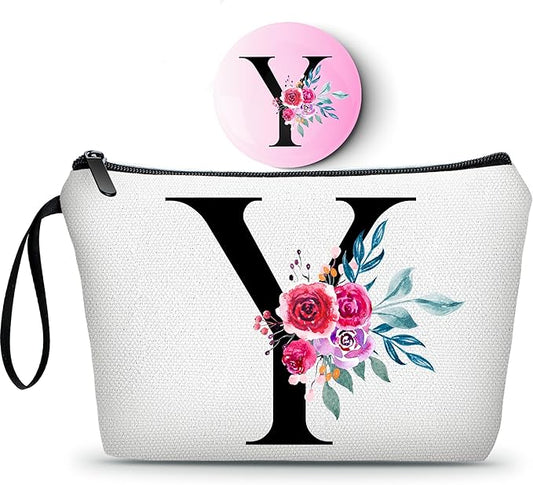 Best Friend Birthday Gifts for Women,Initial Makeup Bag,Cosmetic Bag With Mirror,Personalized Gifts,Maid Of Honor Gifts,Small Makeup Bag for Purse,Besties Gifts for Women,(Y)