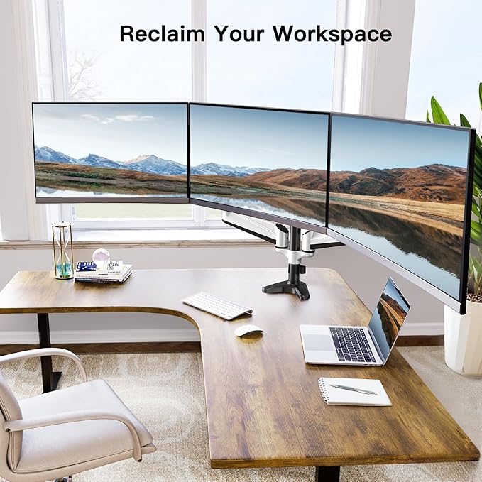 HUANUO Triple Monitor Stand - Full Motion Articulating Gas Spring Monitor Mount Fit Three 17 to 32 inch LCD Computer Screens with Clamp, Grommet Kit