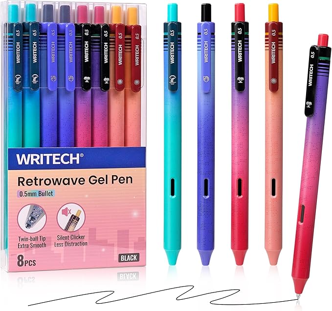WRITECH Black Ink Gel Pens: 8-Pack Retrowave 0.5mm Fine Point Pens - Smooth Writing Silent Clicker and Refillable Perfect for School Office & Everyday Use.