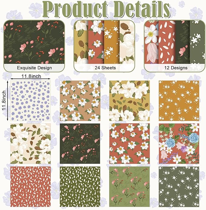 48 Sheets Scrapbook Paper 11x11, Vintage Floral Pattern Decorative Scrapbook Paper for Journals DIY Cards and Photo Albums, Aesthetic Craft Supplies for Kids and Adults